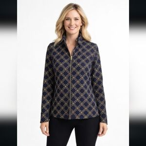 Michael Kors Full Zip Blouse Chain Link Logo Print Long Sleeves Navy Gold Size S
